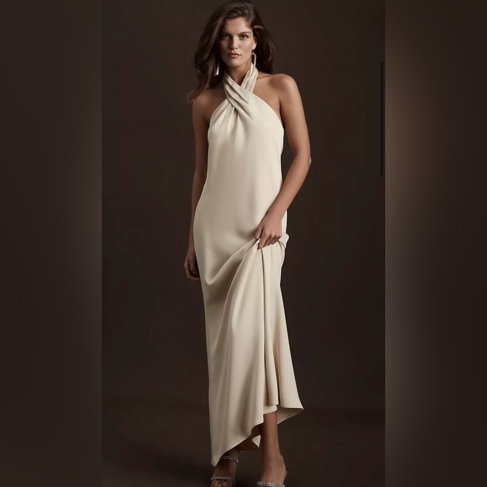 Champagne BHLDN Ruby Twist Halter Satin Gown
